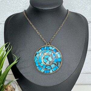 Vintage Tibetan Style Turquoise Inlay and Brass Mosaic Long Pendant Necklace